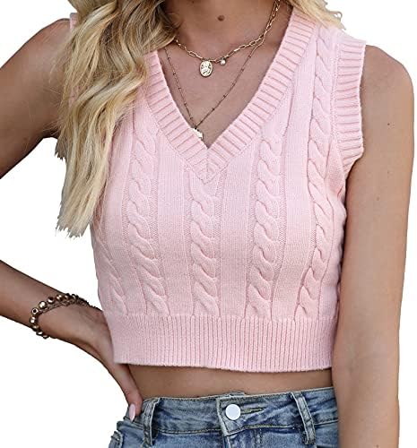 Clothing Womens V-Neck Knit Sweater Vest Solid Color Sleeveless Crop Knit Vest Sweaters for Women Pink, Medium