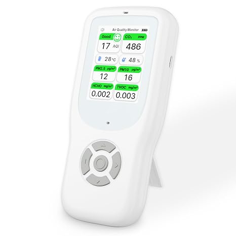 11-in-1 Air Quality Monitor - Portable Indoor Air Quality Detector with Stand, Real-Time Test for AQI, CO2, PM2.5, PM1.0, PM10, TVOC, HCHO, Particles, Humidity & Temperature