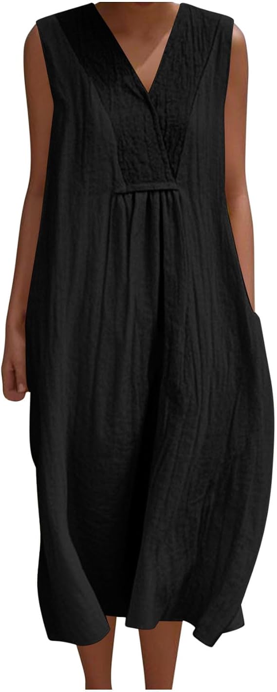 Summer Cotton Linen Dresses for Women Sleeveless Swing Flowy Maxi Long Tank Dress Trendy Beach Sundress with Pockets