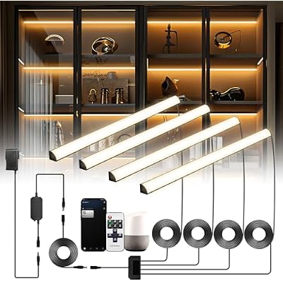 Black Shelf Lights, LED Bookcase Lighting Compatible with Alexa, WiFi Dimmable 2700K Under Shelf Lighting for Bookshelf, Display Case, Cabinets with App, Remote, Memory Function 4Pack 12In