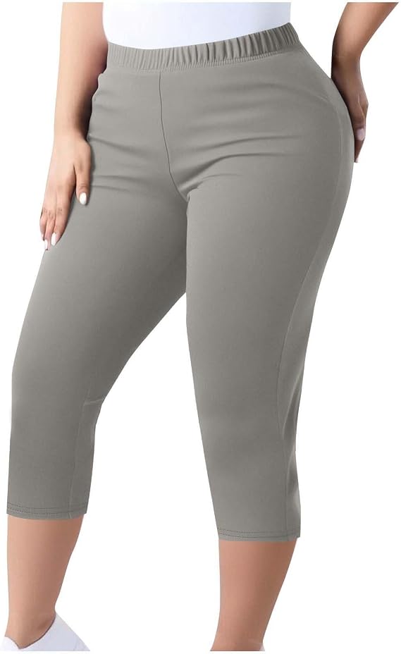 Capri Leggings for Women Plus Size Stretch Knee Length Pull On Capris Elastic Waist Casual Slim Fit Workout Pants