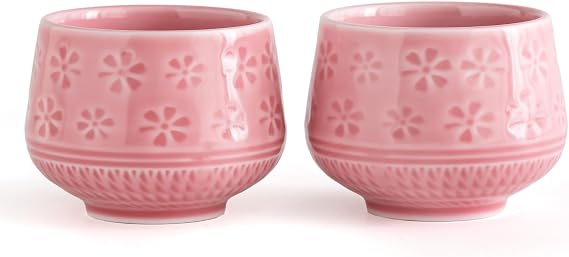 Buucup Ceramic Japanese Tea Cups Set of 2, 240ml Matcha Tea Cups with Cherry Blossom Design, Handcrafted Japanese Style Tea Mugs for Matcha, Green Tea & Coffee (pink)