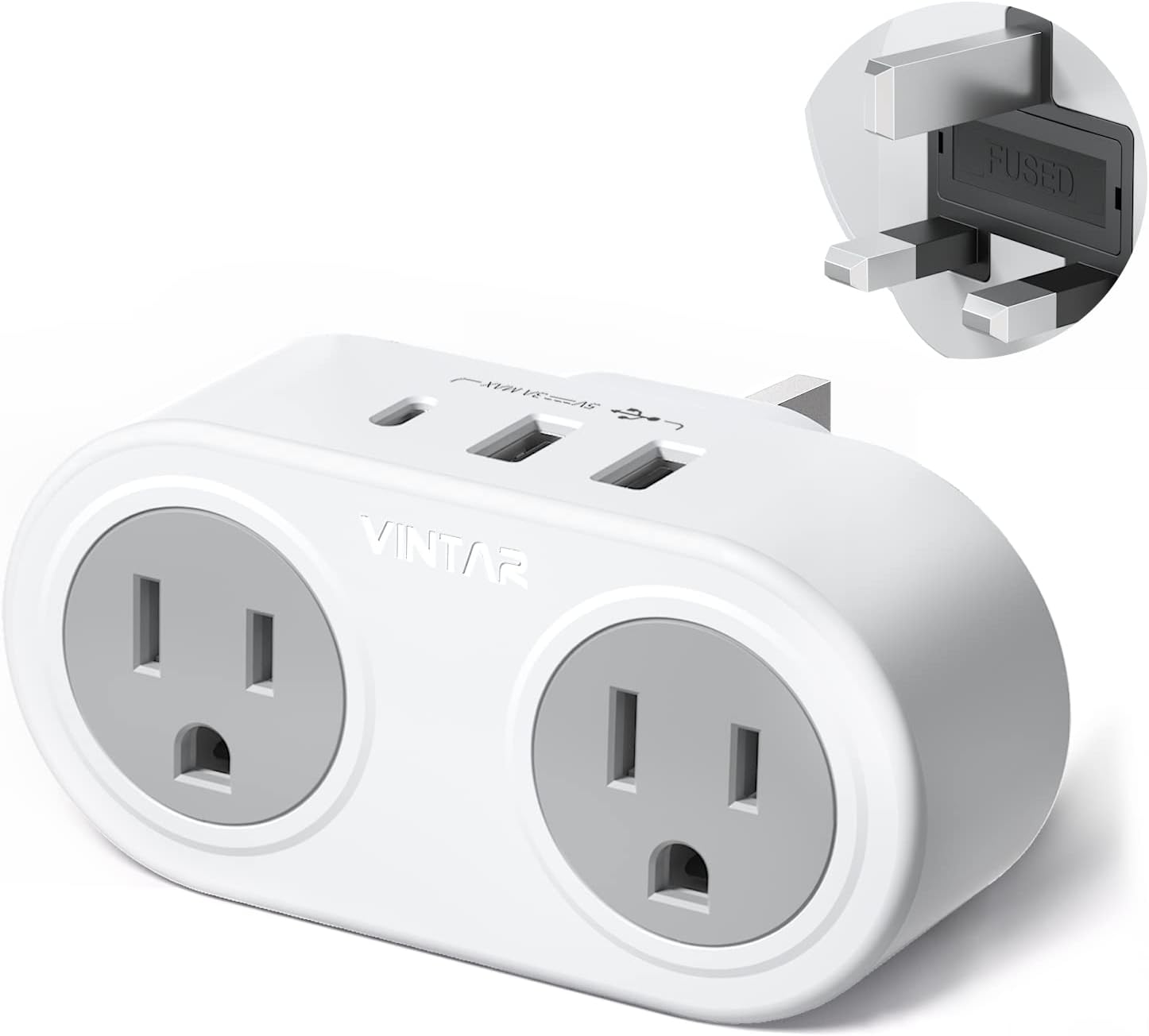 US to UK Plug Adapter,VINTAR Type G Travel Adapter with 1USB C, 2USB Ports and 2 Outlets,5 in 1 UK Power Adaptor for USA to England London British Hong Kong Irish Kenya Dubai Qatar