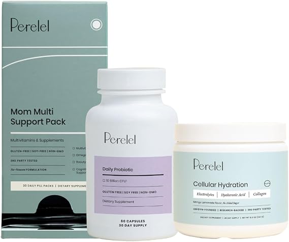 Perelel Postpartum Care Bundle, Mom Multi Support Pack & Hydration Powder & Daily Probiotic, 30 Daily Pill Packs & 28 Servings of Hydration Powder & 60 Capsules