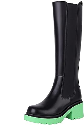 Vivianly Womens Knee High Chunky Block Heel Elastic Lug Sole Stretch Riding Boots with Round Toe and Side Zipper Platform Boots