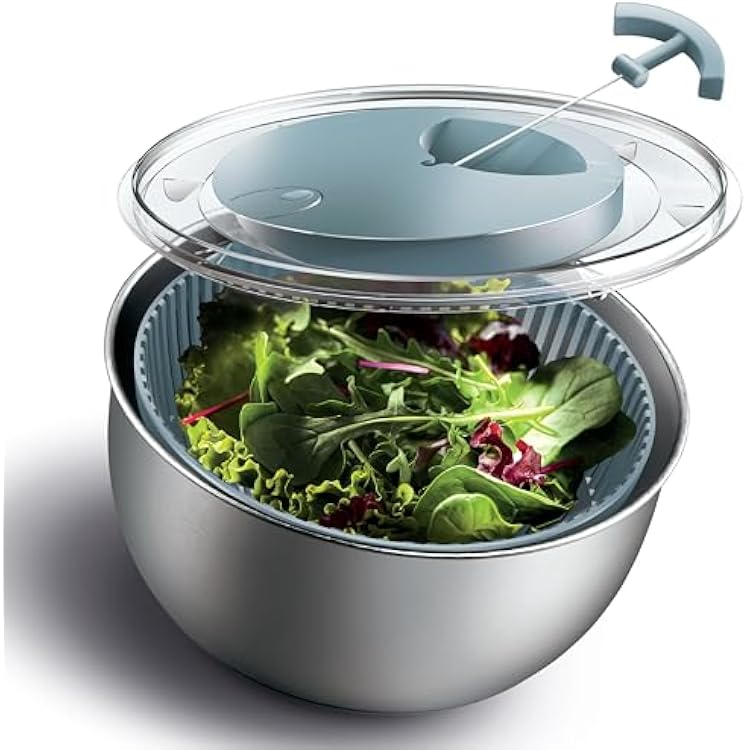 COOK WITH COLOR Stainless Steel Salad Spinner - 5 Qt. Lettuce Washer And Vegetable Spinner Dryer for Easy Salad Prep - Non Slip Base with Pull Handle - Auto Stop Brake System, Stain and Odor Resistant
