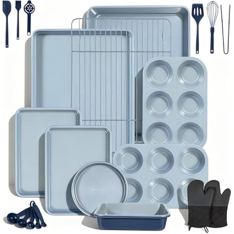 Ammeloo 22-Piece Baking Pans Set Stackable Bakeware Non Stick Baking Set Non Toxic Oven Pans, Including Roasting Pan, Cookie Sheets, Muffin Pans, Cake Pans, Oven Mitts and UtensilsGray & Navy Blue