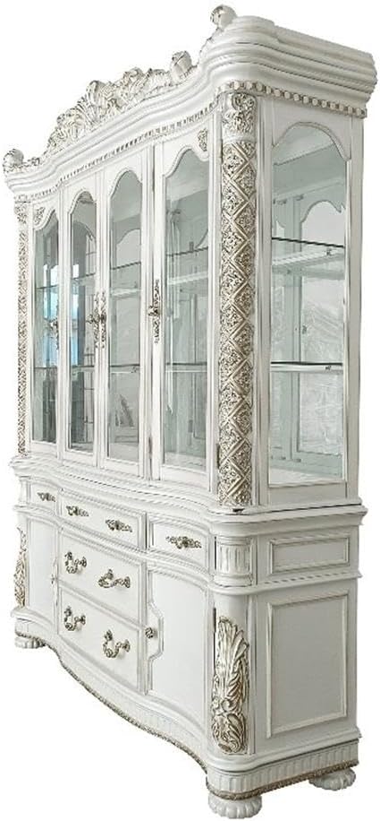 Acme Vendome Hutch and Buffet with 4 Glass Doors in Antique Pearl