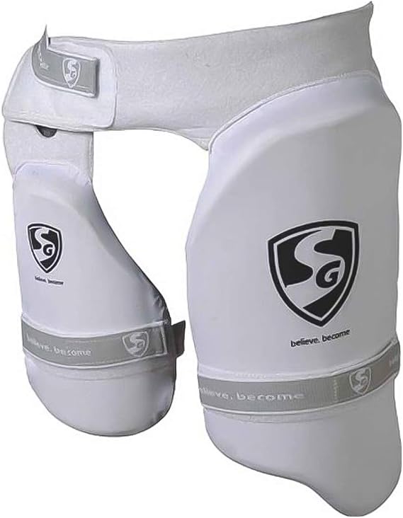 SG Ultimate Combo Thigh Guard | White | Men RH | Polyester | Men | Customised Adjustment | Thigh & Inner Thigh Guard | Comfort-Fit Elasticated Straps | Fully Adjustable | Secure Fit