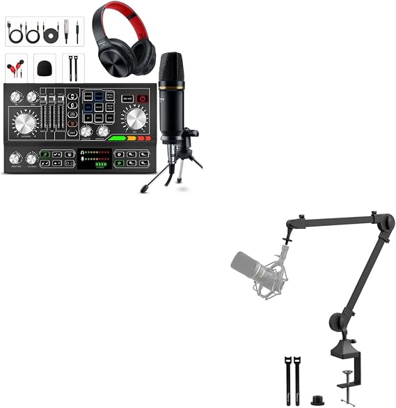Podcast Equipment Bundle with Condenser Microphone Headset Fordable Microphone Arm