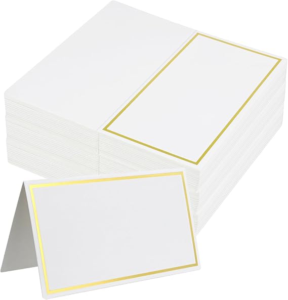 100 Pcs Premium Place Cards with Gold Foil Border, 2x3.5 Inches Tent Name Cards - Blank Folded Fillable Seating Cards for Wedding, Banquet, Dinner Party, Table Setting & Events