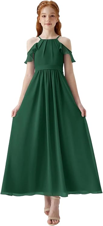 Junior Bridesmaid Dresses for Wedding Chiffon Cold Shoulder Halter Neck Ankle Length Formal Party Gown for Teen Girls