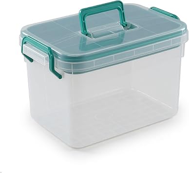 15QT Clear First Aid Box Organizer with Divided Tray | 15QT storage capacity, Clear sturdy plastic, Detachable divided compartment tray, Green top handle & side locking latches