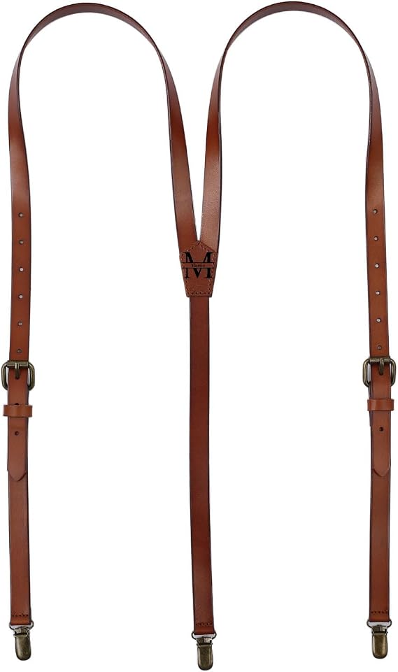 Genuine Leather Suspenders for Men Y Back Shape Adjustable with Heavy Duty Clips for Wedding Groomsmen