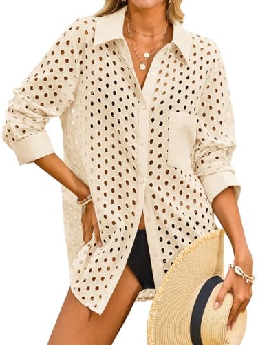 Fisoew Womens Hollow Out Swimsuit Coverup Shirt Button Down Bathing Suit Cover Ups Beachwear