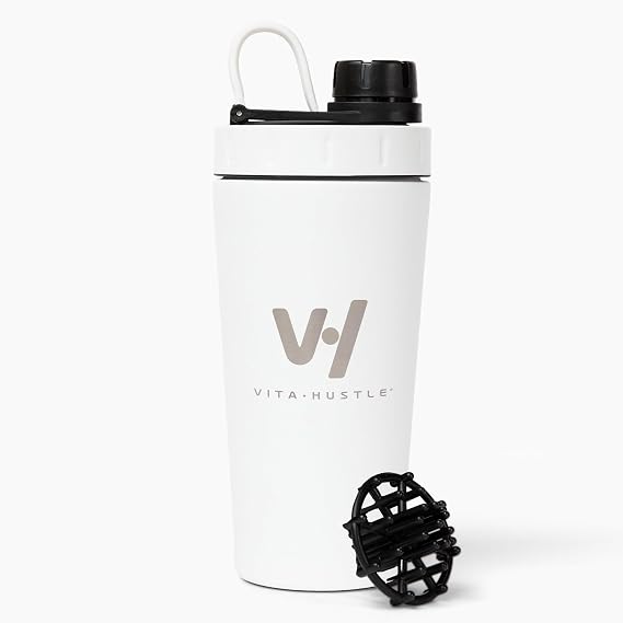 VitaHustle Stainless Steel Shaker Cup with Twist Off Cap, Leak Proof BlenderBall, Perfect for Protein Shakes and After Workout, Fits Car Cup Holders, BPA Free, 20 oz White | 断熱プロテインシェーカーボトル、ツイストキャップ、BPAフリー、車のカップホルダー、スムージー、ワークアウト後の使用にフィット
