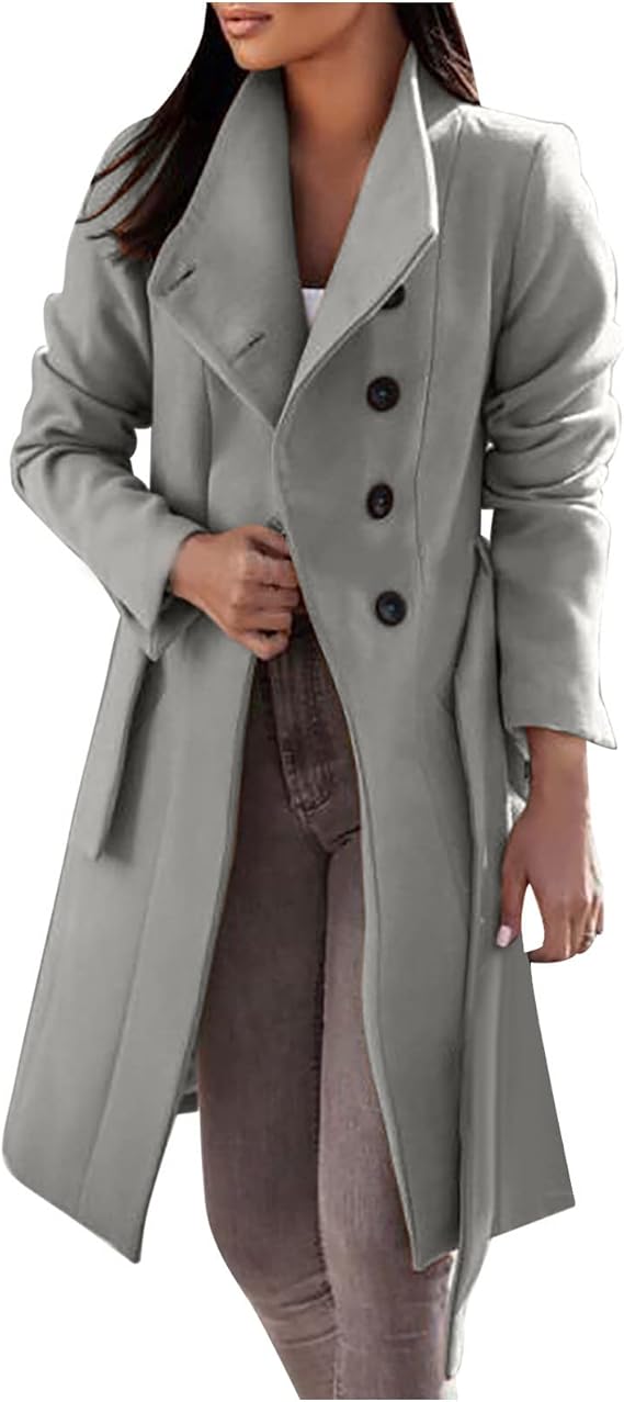 Women's Lapel Woolen Cloth Coat Trendy Fall Winter Coats for Women Solid Plain Trench Jacket Long Overcoat Outwear