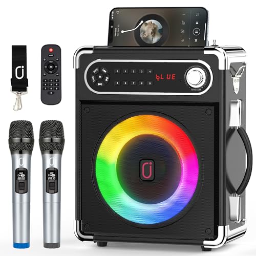 JYX Karaoke Machine with Two Wireless Microphones, Portable Bluetooth Speaker with BassTreble Adjustment, PA System with Remote Control, LED Lights,Supports TF CardUSBAUXTWS