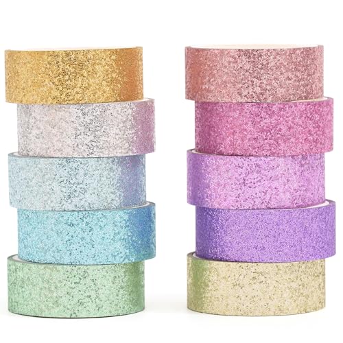 YUBBAEX 10 Colors Glitter Washi Tape Set Sparkling Masking Tape Metallic Decorative for Arts, DIY Crafts, Bullet Journal Supplies, Planners, Scrapbook, CardGift Wrapping Neon 10 Colors