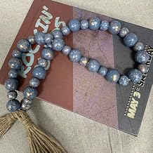 Handcrafted Farmhouse Wooden Decorative Beads Garland, Table Tray Boho Wood Beads with Tassel, Small Rustic Antique Decor for Home and Events (Ocean Mist Gold)