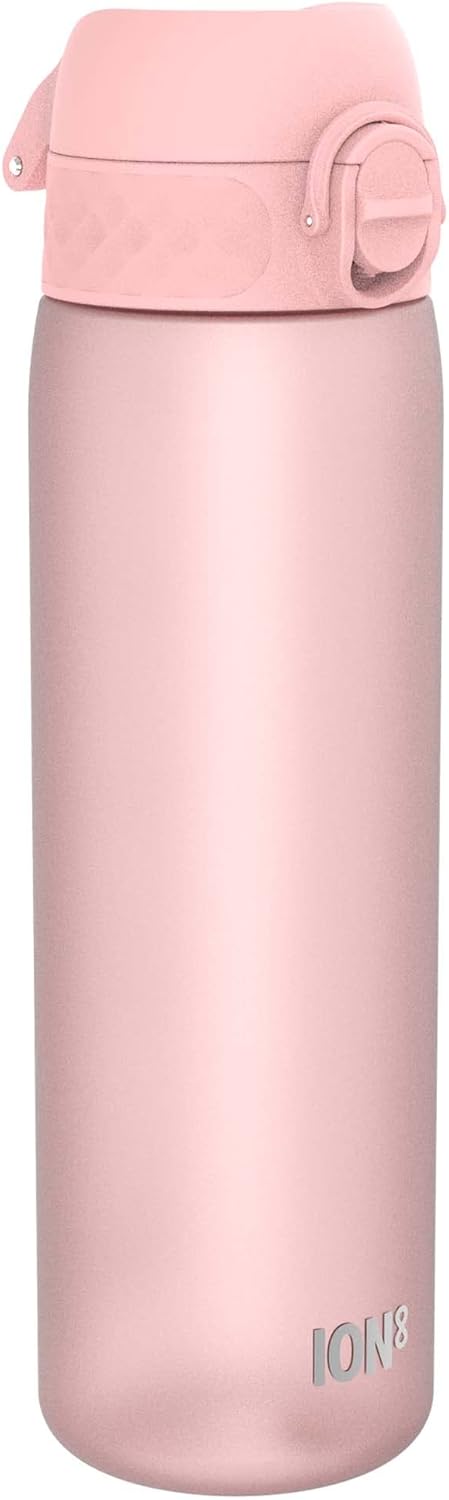 ION8 Water Bottle, 500 ml18 oz, Leak Proof, Easy to Open, Secure Lock, Dishwasher Safe, BPA Free, Hygienic Flip Cover, Carry Handle, Fits Cup Holders, Easy Clean, Odor Free, Carbon Neutral, Rose Pink