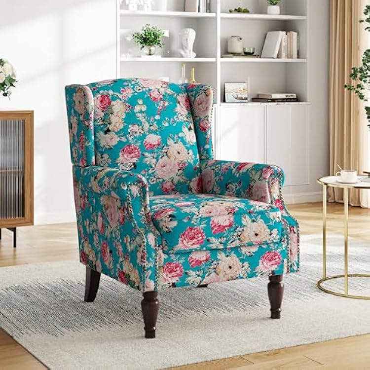 Pia Ricco High Back Floral Accent Chair - Retro Wingback Upholstered Armchair with Nailhead Trim, Solid Wood Legs, Fabric Living Room Bedroom Reading Chair Peacock Blue