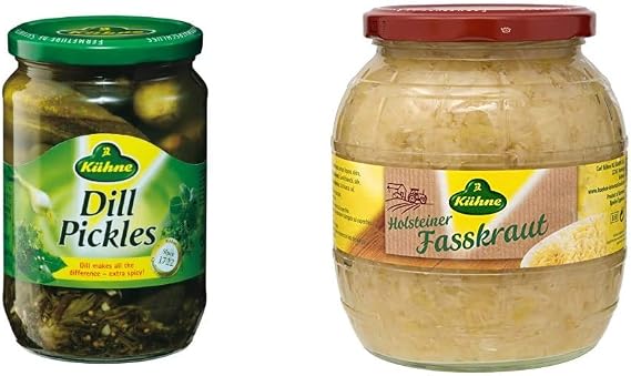 Kuhne Dill Pickle 24.3 fl oz 720 ml & Sauerkraut Barrel 28.1 oz 810 g