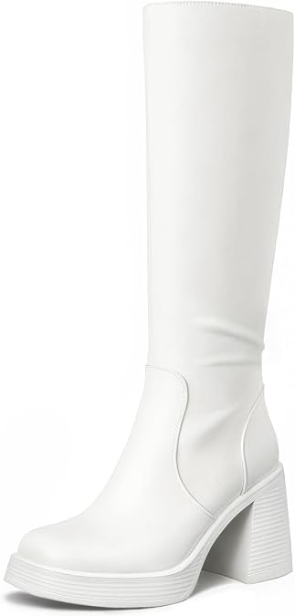 Choiran White Knee High Boots for Women - Platform Tall Boots Square Toe Chunky Block Heeled Gogo Boots, Size 7.5