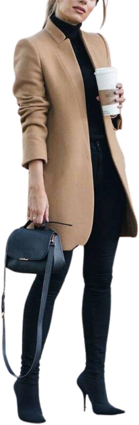 Kwoki Women's Stand Collar Casual Mid Long Winter Warm Wool Blend Pea Coat
