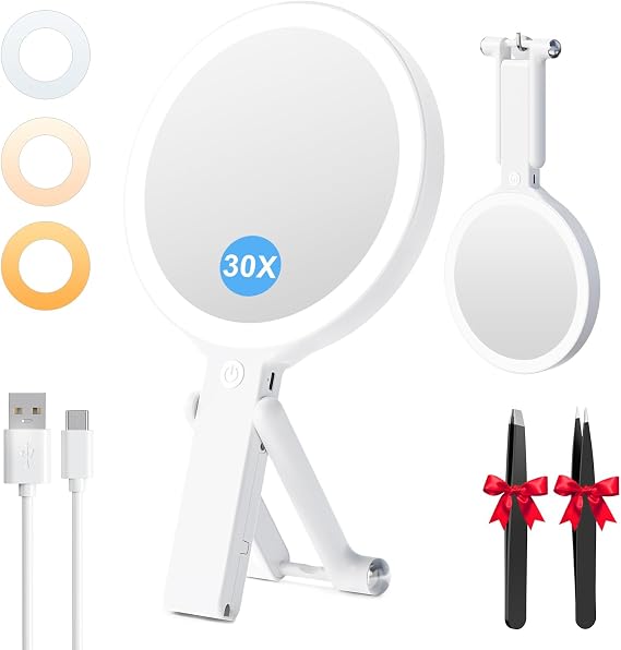 Auxmir 30X/1X Magnifying Travel Makeup Mirror with Lights, 3-Color Dimmable