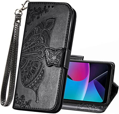 Wallet Case for Motorola Moto G Play 2024,PU Leather Flip Protective Phone Case Wrist Strap Card Slots Holder Pocket Emboss Butterfly Flower Stand Case for Motorola Moto G Play 2024 Black