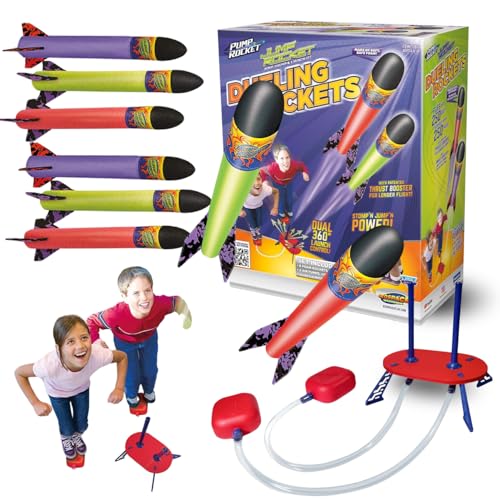 Geospace Jump Rocket Dueling Rockets Set for Kids with 2 Air Pumps, 2 Swivel Launch Tubes, Launch Pad & 6 Foam Rockets That Fly up to 250 feet! Great Outdoor Backyard Toy for Boys & Girls