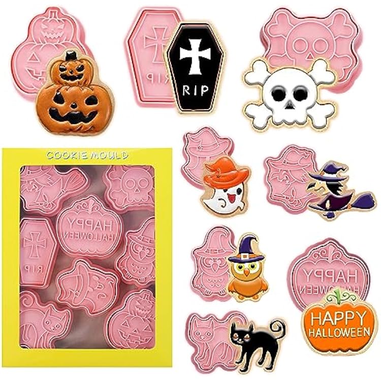 Halloween Cookie Cutters 8 Pcs Cookie Stamps with Cute Pumpkin Ghost Cat Skull Owl Witch and Coffin Impression 3D Mini Halloween Cookie Baking Supplies Small Plastic Cookie Mold