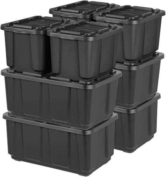 IRIS USA 12 Gallon (4 Pack) + 27 Gallon (4 Pack) Heavy Duty Storage Bins with Lids, Snap On Lid Stackable Industrial Totes, Rugged Tubs, Garage Organization, Reusable - Total 8 Units - Black