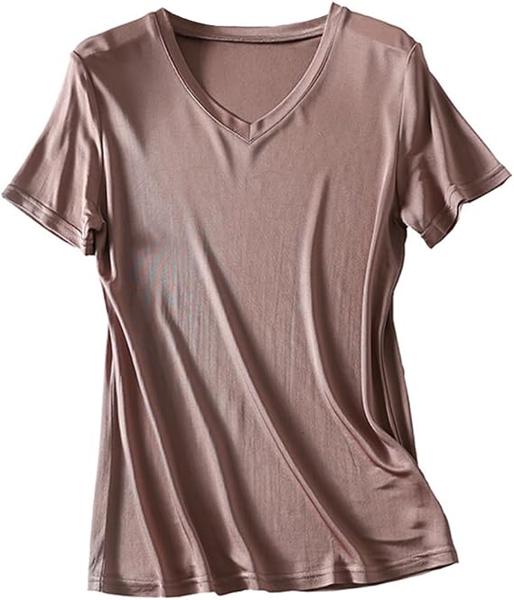 Womens Silk T Shirt Short Sleeve V-Neck Top Undershirt Breathable Mulberry Silk Tee Basic Tops