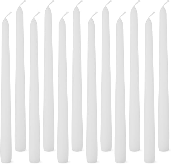 Amazon Basics Taper Candles, Unscented, Long Burning, Paraffin and Palm Wax with Cotton Wicks, 7.5 Hours Burning Time, 10 inches, White, Pack of 12