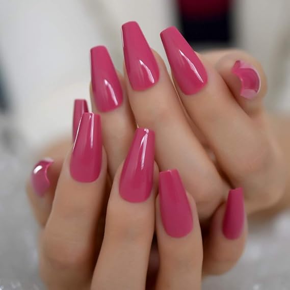 Coolnail Glossy 24pcs Dark Rose Pink Coffin False Nail Tips Acrylic Salon Full Cover Artificial Press On UV Fake Nails With Glue Sticker