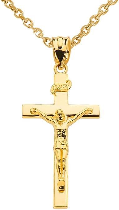14K Yellow Gold Linear Cross 1.15" INRI Crucifix Charm Pendant Necklace Religious Jewelry - Choice of Chain Lengths
