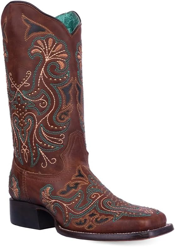 Corral Ladies Tan Embroidery & Studs Wide Sq Toe, Corral 43.8 X 34.8 X 11.0 Sole,cowhide Leather, Western Boot, A4485