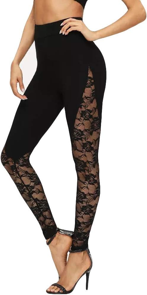 Womens Sexy Lace Leggings High Waist Mesh Panel Side Skinny Workout Yoga Pants Sport Casual Pants