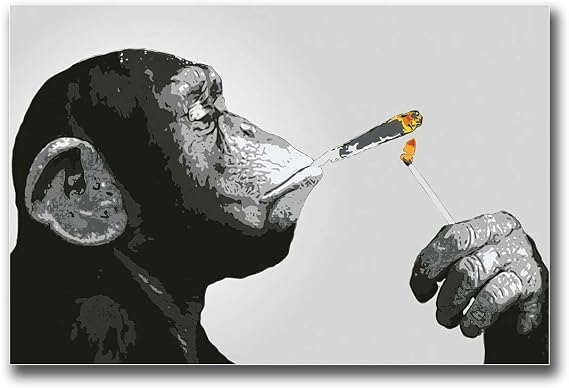 EHDKPWAX Canvas Posters and Pictures Banksy Monkey Chimp Smoking Spliff Living Room Bedroom Home Decor 12x18inch