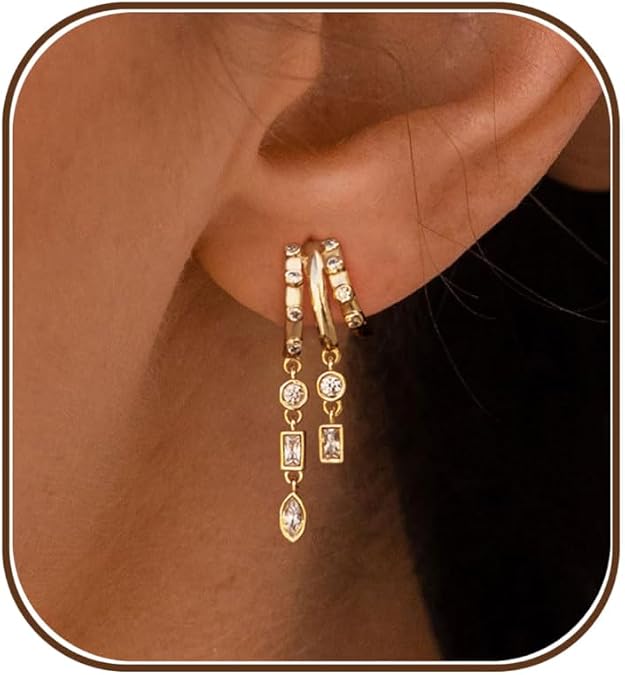 Dangle Earrings for Women, Dainty Drop Earrings 14K Gold Plated Illusion Long Gold Earrings for Women Trendy Hypoallergenic Statement Huggie Earring Cute Dangling Earring Waterproof Jewelry