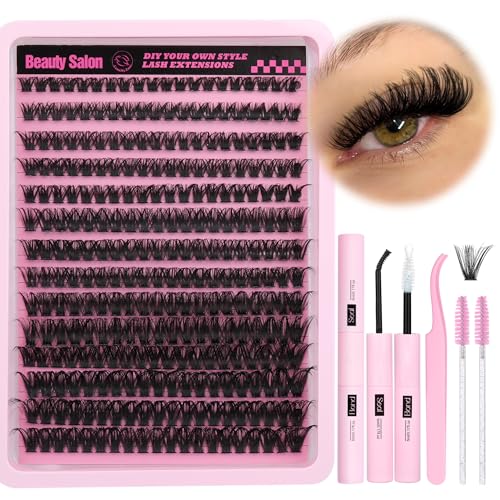 DIY Eyelash Extension Kit D-Curly Wispy Volume Lash Clusters Individual Lashes Lash Extension Kit with Lash Bond and Seal Applicator Tool for Self Application at Home 80P-280Pcs-Mix10-16mm-0.07D