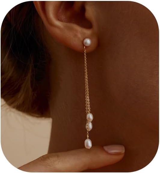 Gold Earrings for Women, 14K Gold Plated Tassel Dangle Earrings for Women Trendy Hypoallergenic Long Chain Earring Dainty Pearl Drop Earrings Elegant Wedding Earring Fashion Jewelry for Womens