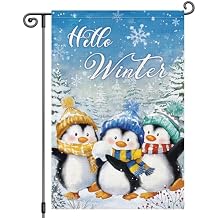 Heyfibro Hello Winter Penguins Garden Flag 12x18 Inch Double Sided Winter Snowflakes Pine Trees Garden Flag Small Yard Flags for Outside House Farmhouse Holiday Decoration
