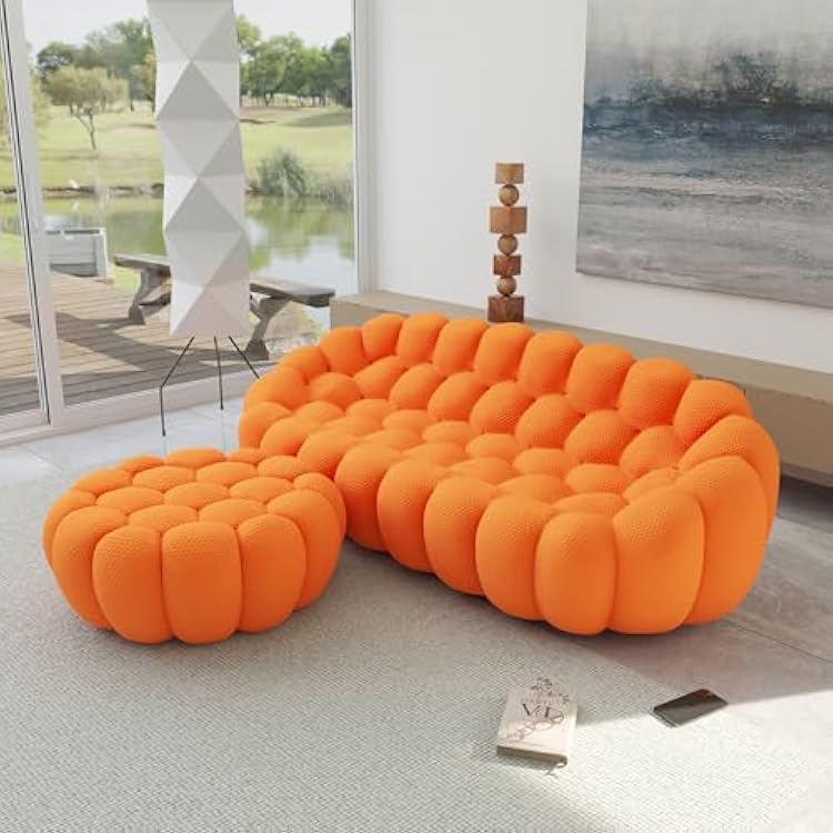 JACH Bubble Sofa with Ottoman, Curved Couch, Comfy Upholstered Sofa, Mesh Fabric 3D Honeycomb Shape Modern Couch for Living Room, Office, Apartment, Small Space Orange