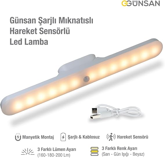 Günsan Şarjlı Mıknatıslı Hareket Sensörlü Led Lamba - Dolap İçi, Mutfak, Kitaplık, Tezgah Altı Aydınlatma - 3 Renk Modu - Dim Edilebilir - Işık Hafızalı