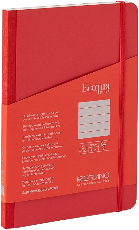 Fabriano EcoQua Plus 5.8" x 8.3" (A5) Fabric-Bound Notebook with Inner Pocket, 80 Lined Sheets, Red