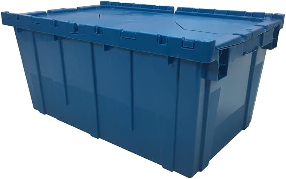 Storage Plastic Tote Crate Attached Lid, 27"x16.9"x12.5", Blue, 1 Pack