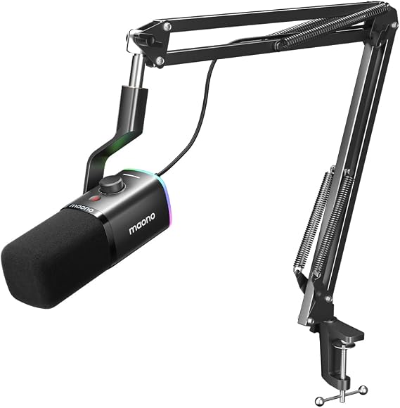 MAONO XLR/USB Gaming Microphone with BA20 Boom Arm, PC Computer Gaming Streaming Mic with RGB Light, Mute Button, Headphones Jack,Bundle for Gaming Podcast Recording (PD100X Black+BA20 Black)
